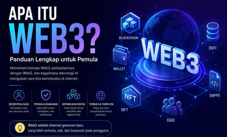 Gambar ilustrasi konsep Web3, blockchain, dan DeFi untuk pemula.